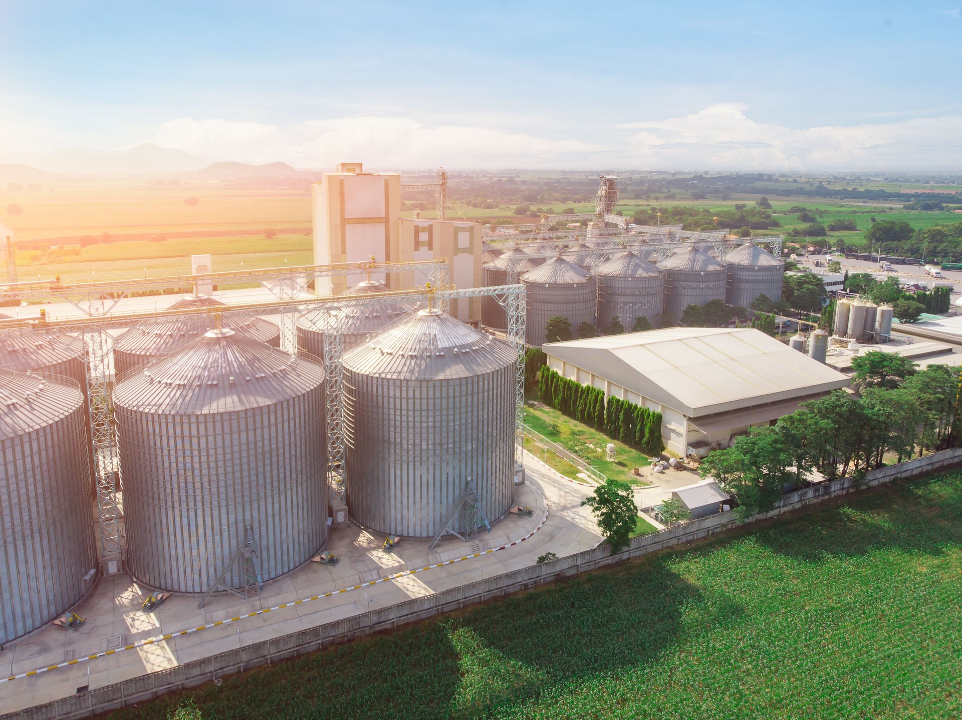 Vista aérea de drone, Silos Agrícolas - Construção Exterior, Armazenamento e secagem de grãos, trigo, milho, soja, girassol contra o céu dourado com campos de arroz.