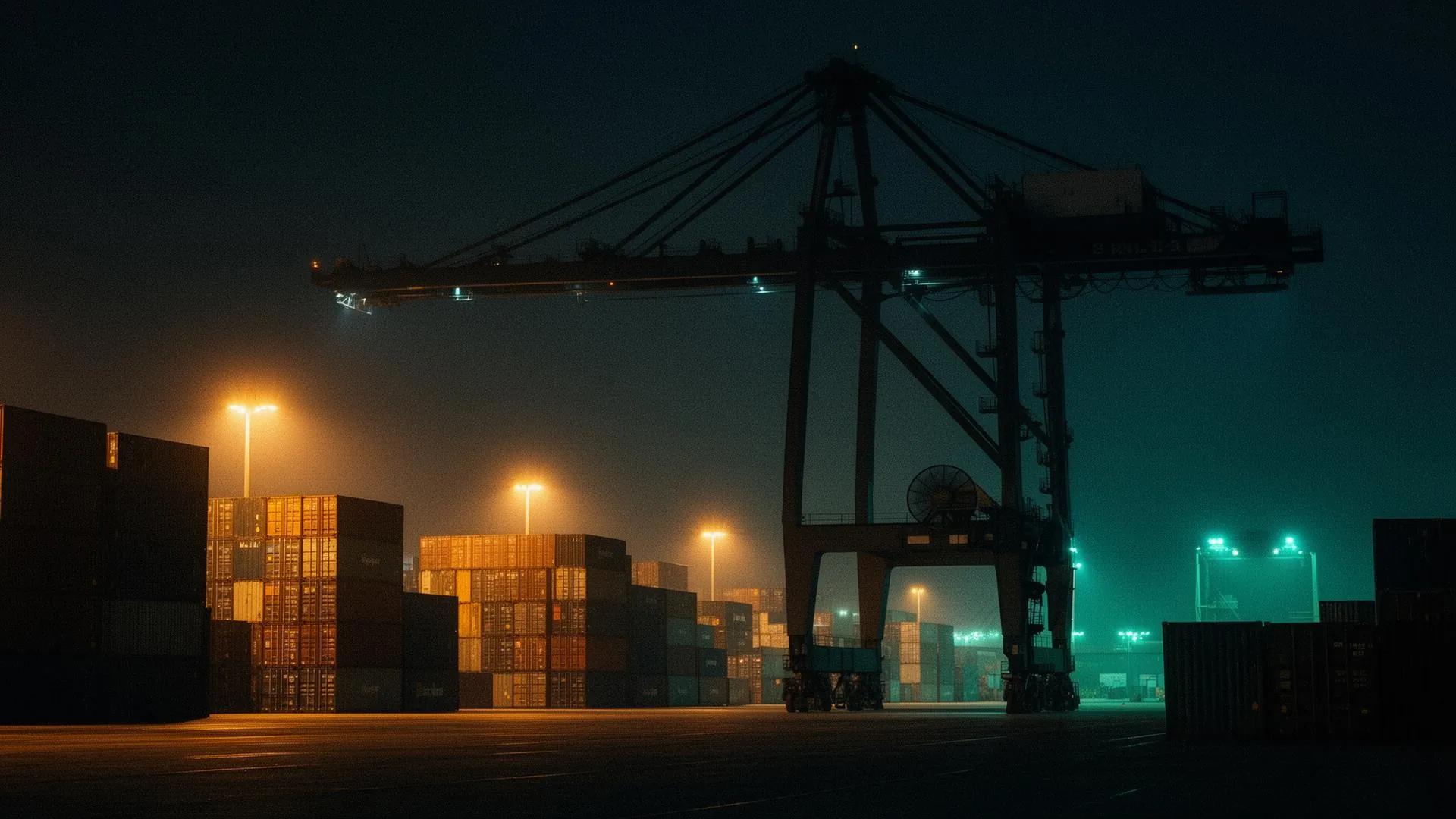 Terminal portuário noturno — operação logística enterprise